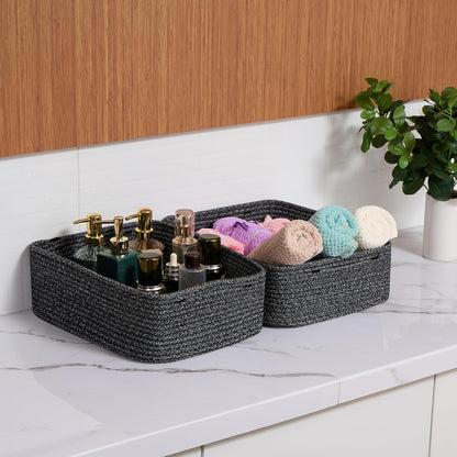 Large Shallow Organizing Baskets 15x11x5.1 Inches - Rope Woven Storage Bins for Bathroom, Shelves