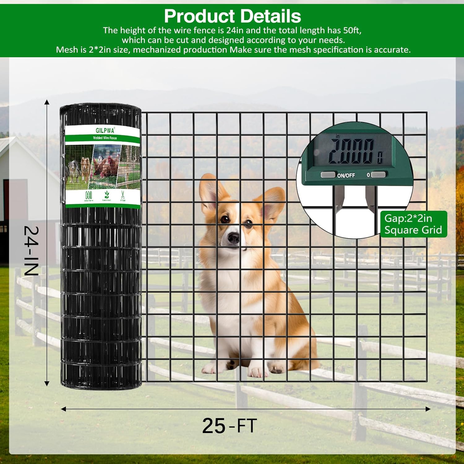 Wire Fence, 24 in(H) X 25 ft(L) PVC Coated Welded Wire Fencing 2" X 2" 16GA Garden Border Vinyl