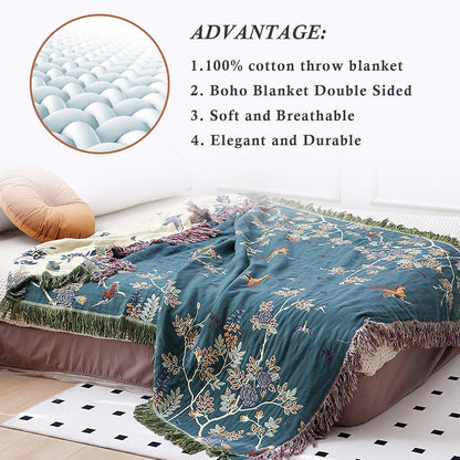 Snycler Boho Throw Blanket for Bed - 100% Cotton Ultra Soft Rustic Quilt Blanket Green Floral Bird
