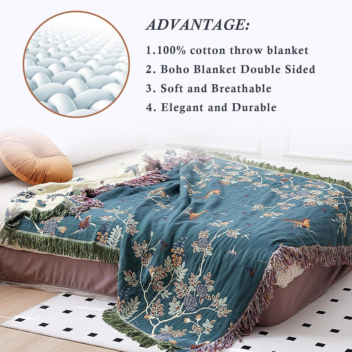 Snycler Boho Throw Blanket for Bed - 100% Cotton Ultra Soft Rustic Quilt Blanket Green Floral Bird
