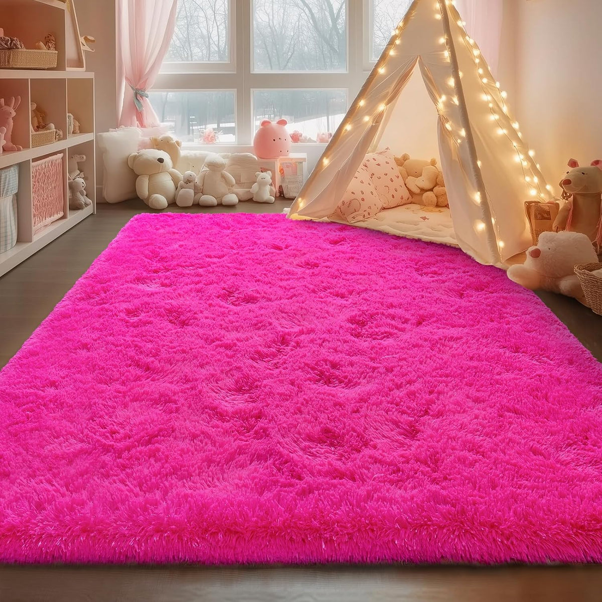Rezutan Ultra Soft Fluffy Hot Pink Rugs for Bedroom, 4x6 Feet Fluffy Shag Area Rugs for Living Room