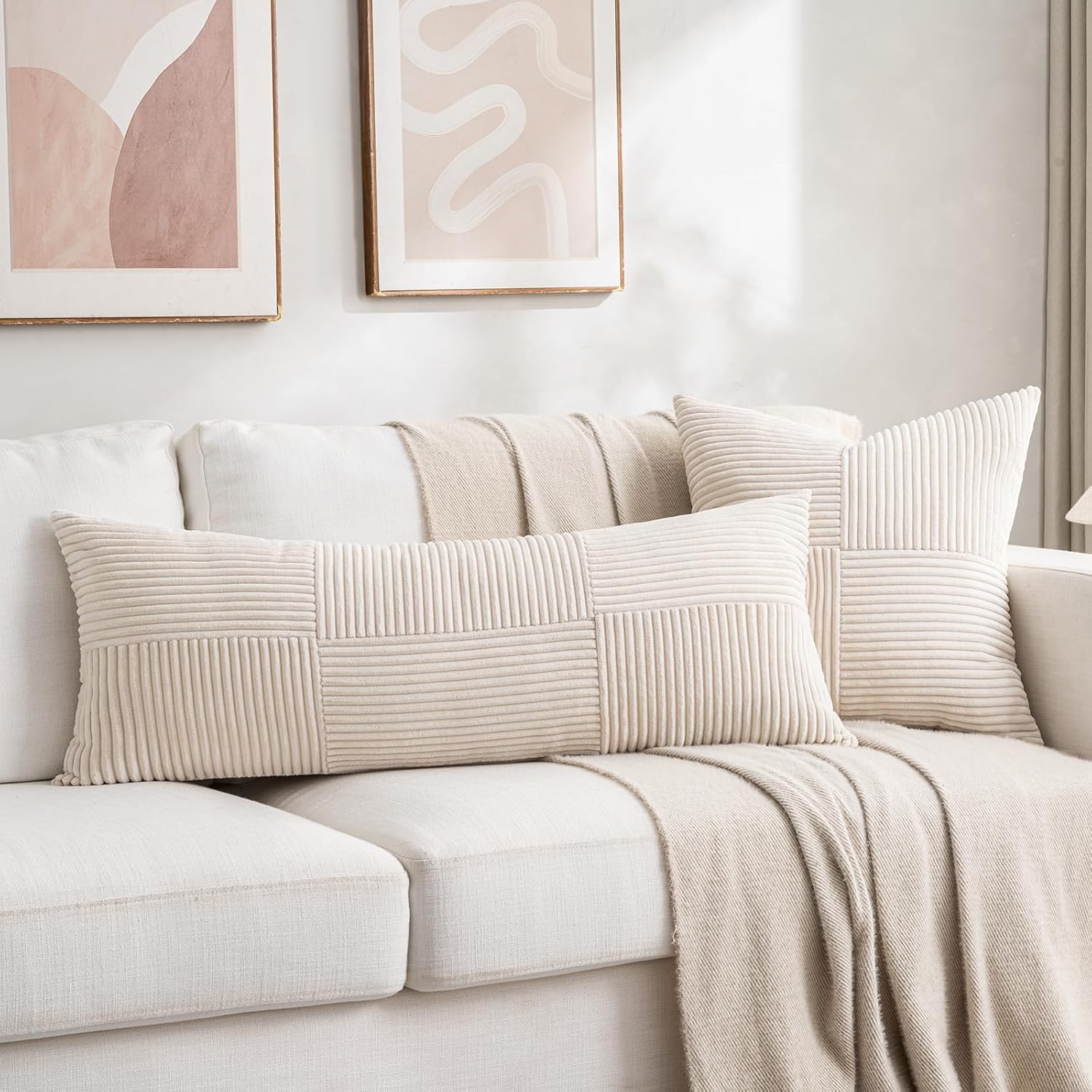 Fancy Homi Set of 2 Cream Boho Long Lumbar Body Decorative Throw Pillow Cover 14x36 Inch for Bed