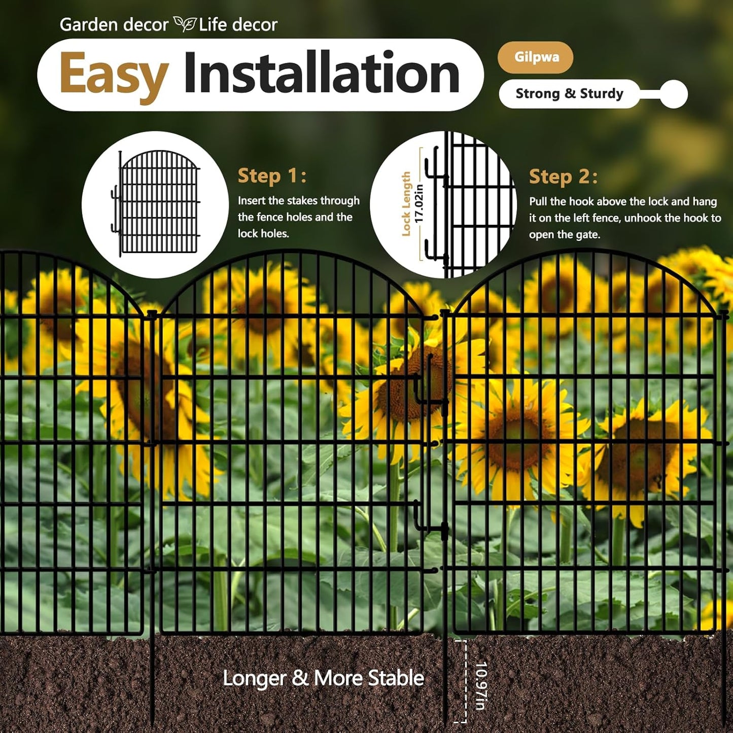 10 Panels Decorative Garden Fence with Lock, 40in (H) X 21.92ft (L) No Dig Dog Fences Outdoor for