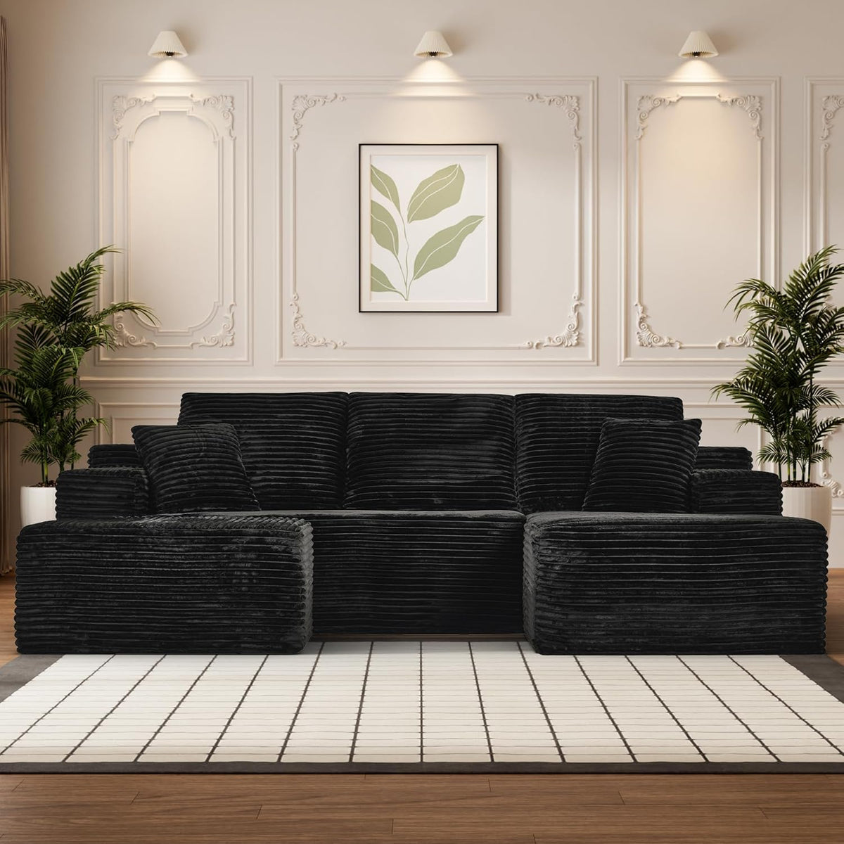 Modular Sectional Sofa Cloud Sectional Couch, 107" Comfy Fluffy U Shaped Black Couches for Living