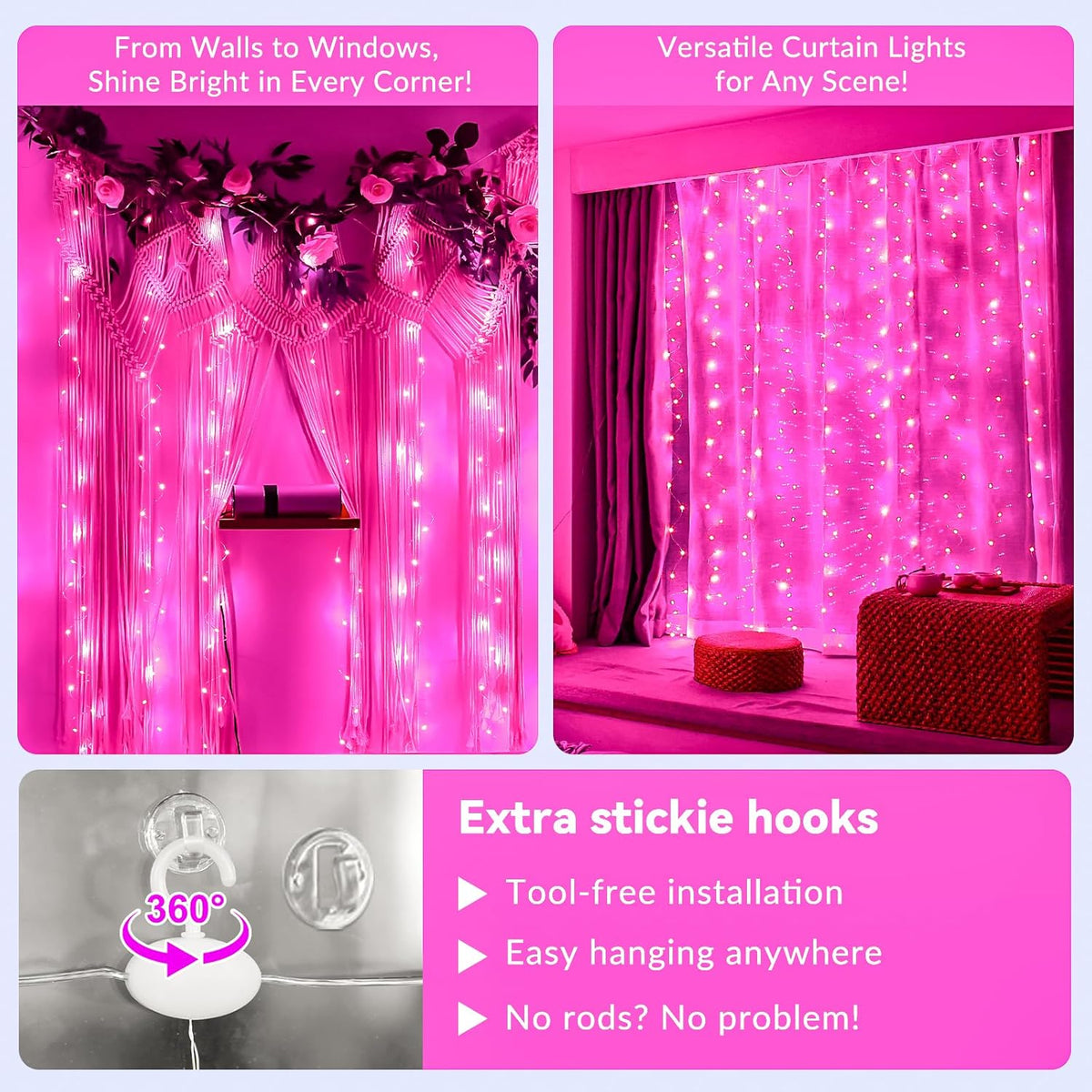 HXWEIYE 300LED Pink Fairy Curtain Hanging Lights with Remote 8 Modes Timer for Bedroom, 9.8x9.8Ft