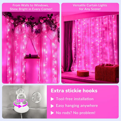 HXWEIYE 300LED Pink Fairy Curtain Hanging Lights with Remote 8 Modes Timer for Bedroom, 9.8x9.8Ft