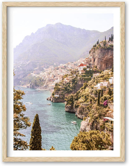 HesenDot Natural OAK Wood Framed Italy Coastal Wall Art,12x16in Amalfi Coast Canvas Wall