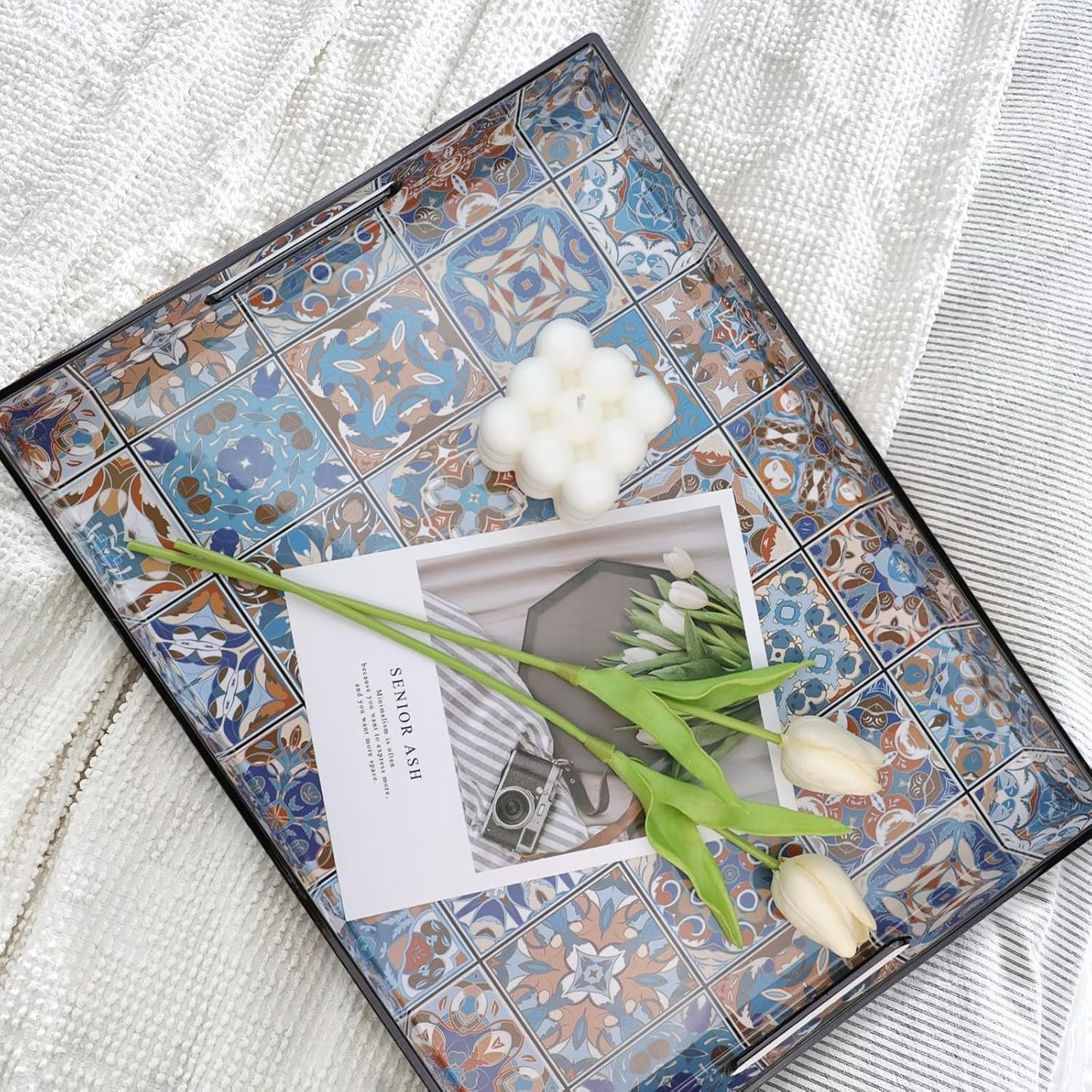Spsyrine Serving Tray with Handles, Plastic Decorative Tray for Coffee Table, Living Room, Home