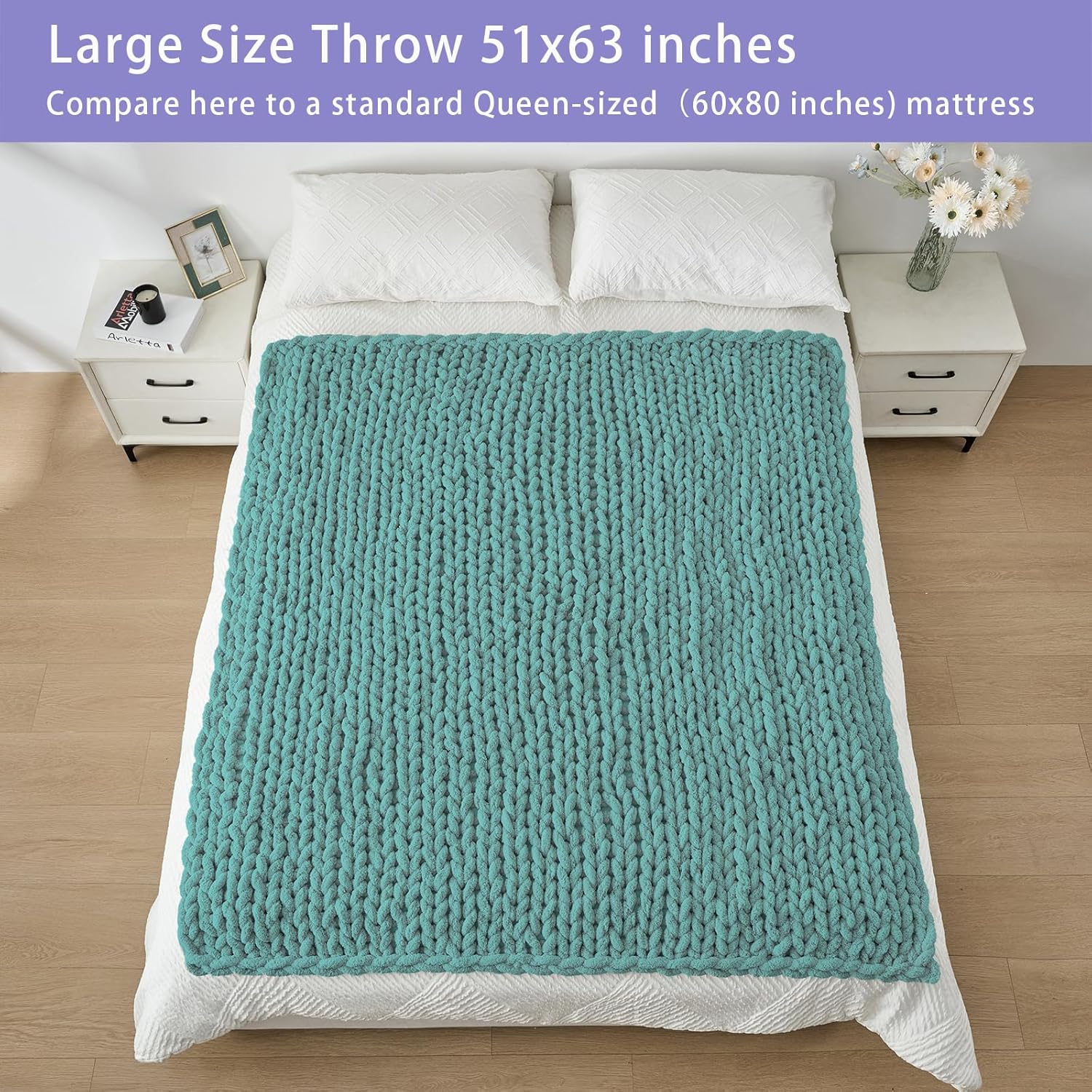 Bigacogo Chunky Knit Throw Blanket for Couch, 51x63 inches, 100% Hand Knitted with Thick Jumbo