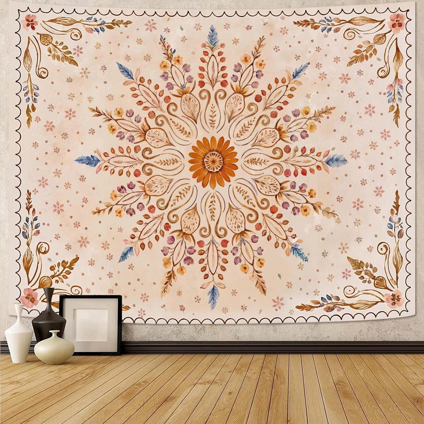 Fowocu Boho Floral Mandala Tapestry for Bedroom Aesthetic Watercolor Bohemian Flower Wall Tapestry