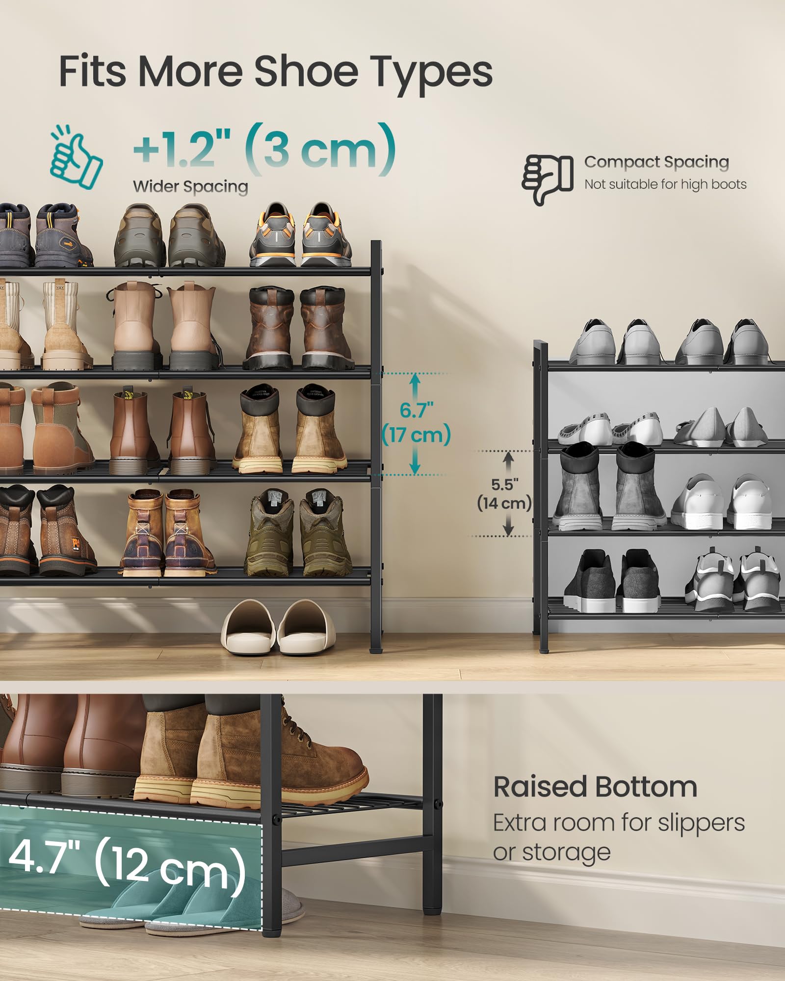 SONGMICS Metal Shoe Rack, Free Standing Shoe Organizer for Entryway Closet Garage Small Spaces