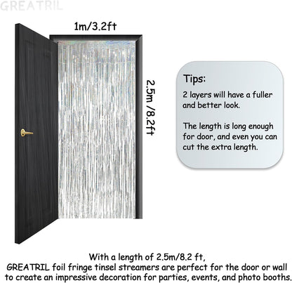 Silver Foil Fringe Tinsel Backdrop - GREATRIL Metallic Tinsel Streamers Curtains for 2025