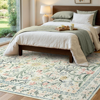 Wonnitar Washable 6x9 Area Rugs, Soft Floral Rug for Bedroom Kids Playroom Light Colored Carpet