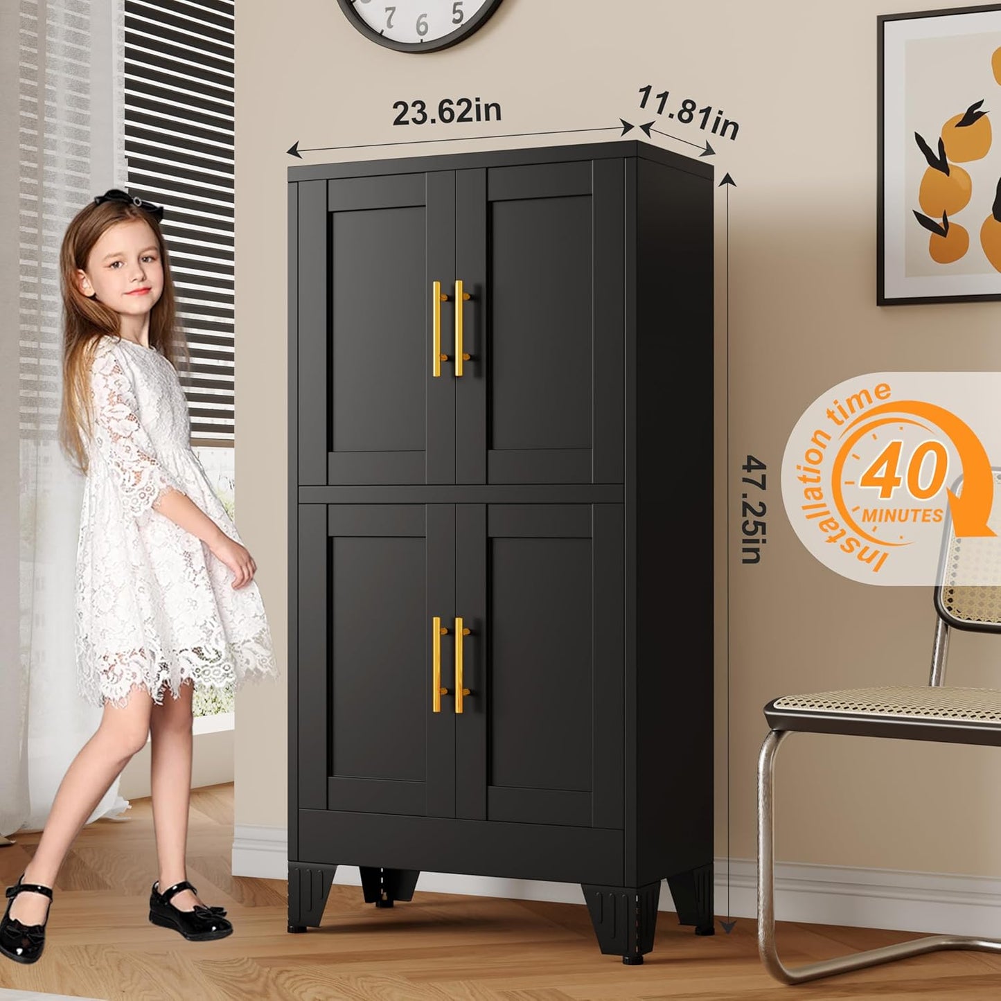 47.25" Metal Storage Cabinet, Black Kitchen Food Storage with 4 Door and 2 Adjustable Shelves