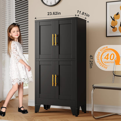 47.25" Metal Storage Cabinet, Black Kitchen Food Storage with 4 Door and 2 Adjustable Shelves