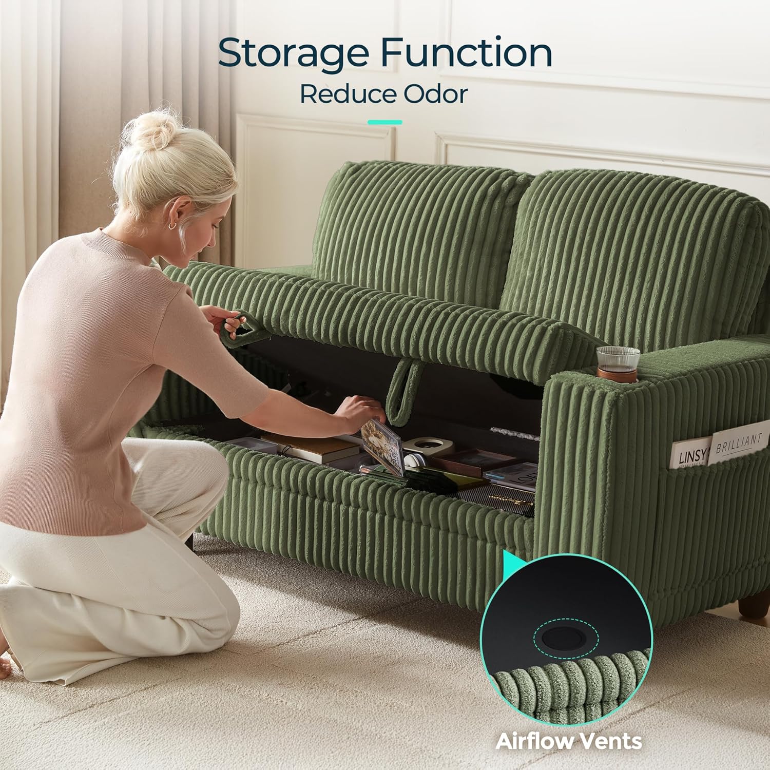 LINSY HOME Loveseat Sofa with Storage - Comfy Plush Corduroy 2 Seater Sofa with USB Charging & Cup