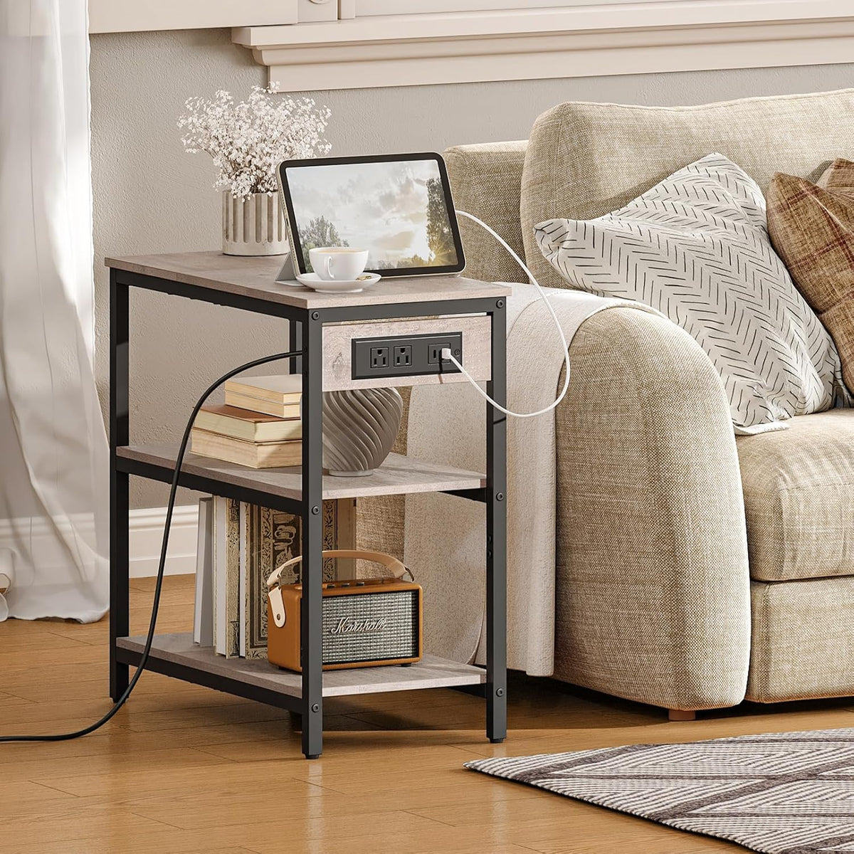 HOOBRO End Table with Charging Station, Simple Rustic Side Table with 3-Tier Storage Shelf, Narrow