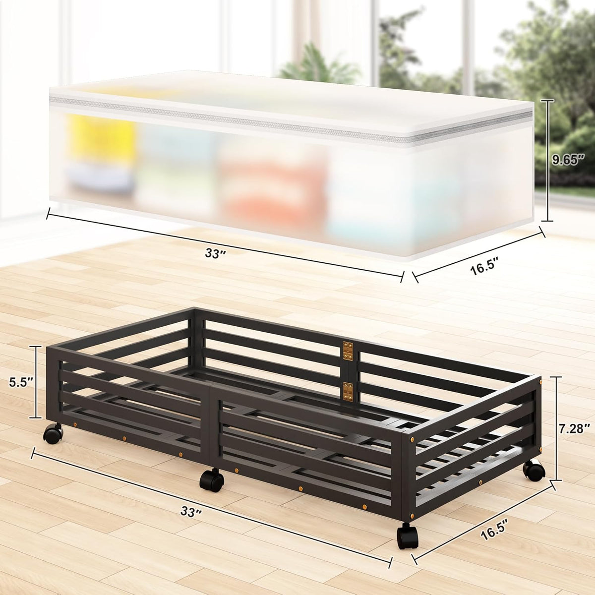 Under Bed Storage Containers With Wheels - 2 Pcs Large Bamboo Wood Rolling Underbed Shoe Storage
