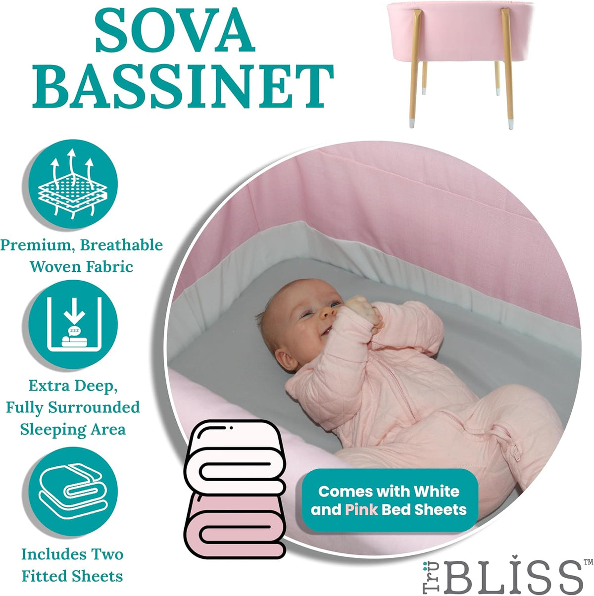 Sova Portable Baby Bassinet, Mid-Century Design with Extra Deep Walls for Newborns and Babies