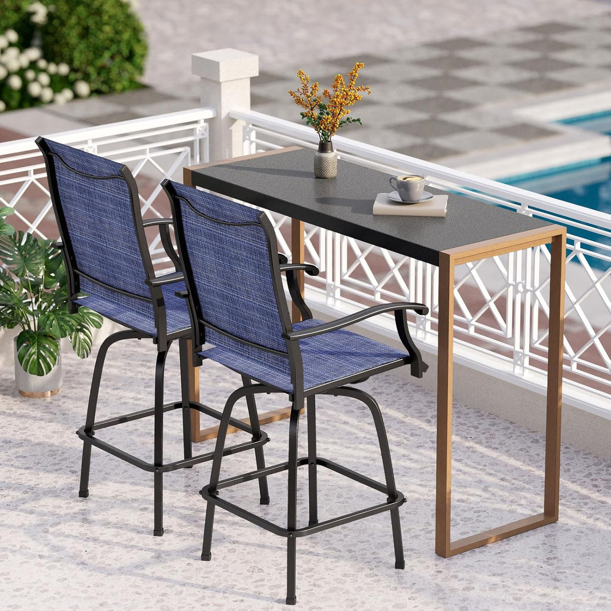 PHI VILLA 3 Piece Outdoor Bar Set, High Top Patio Bistro Table and Bar Chairs with Blue Textilene
