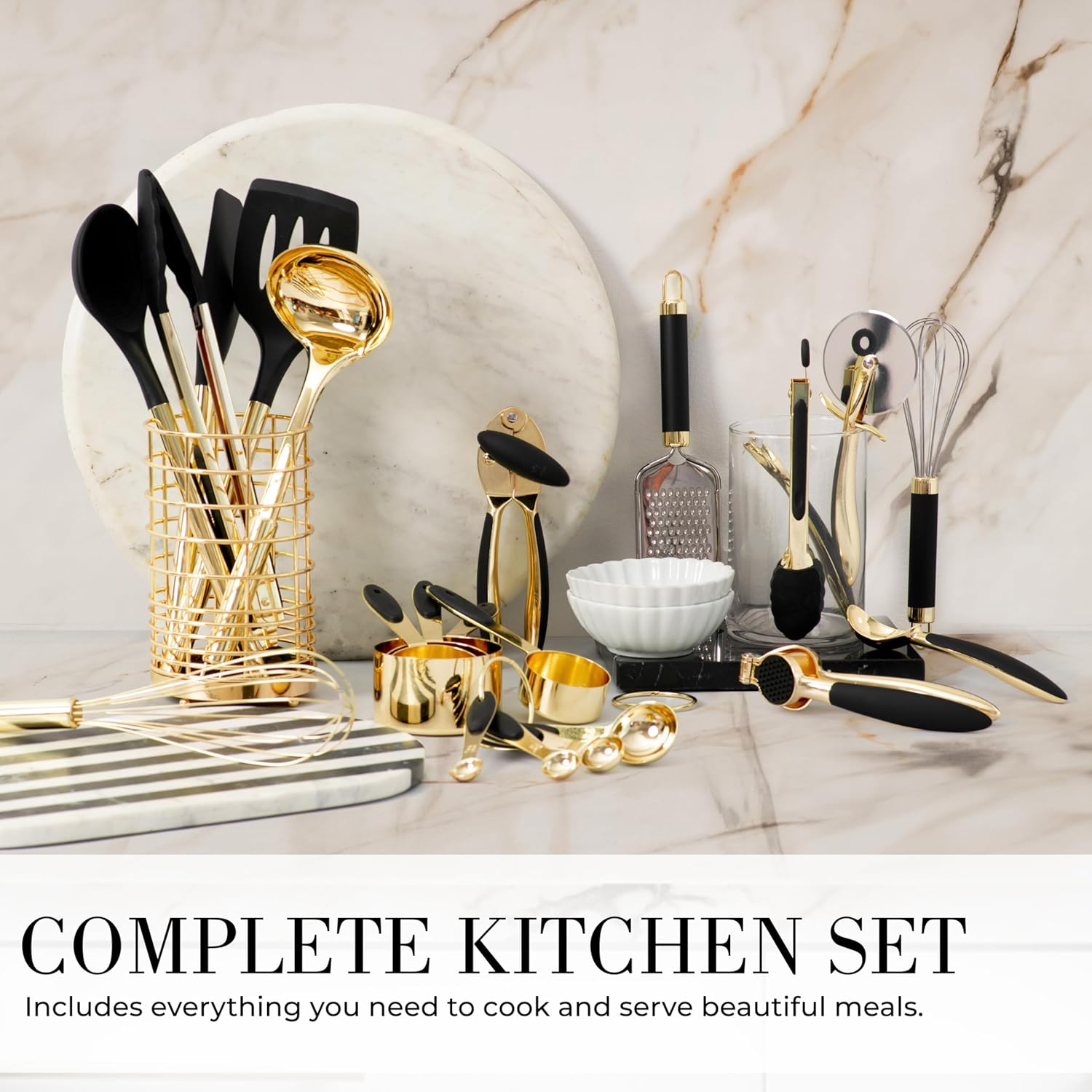 Black and Gold Kitchen Utensils Set - 23-Piece Luxury Kitchen Accessories Includes Gold Measuring