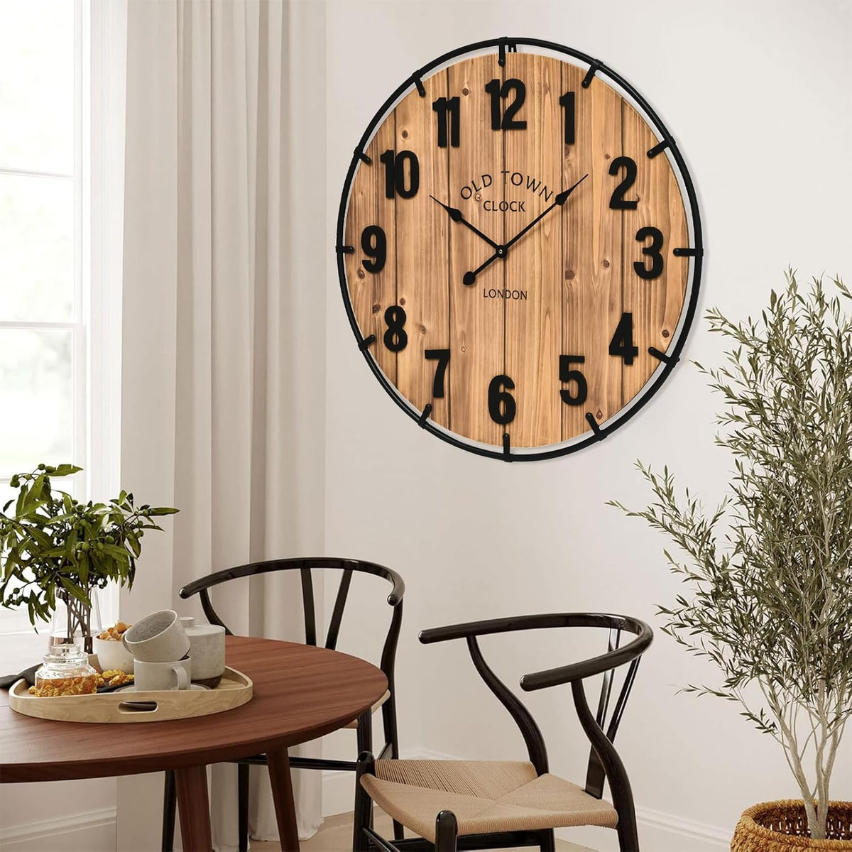 Large Old Town Farmhouse Wall Clock 30 Inches Rustic Antique Wood with Metal Circle and Large