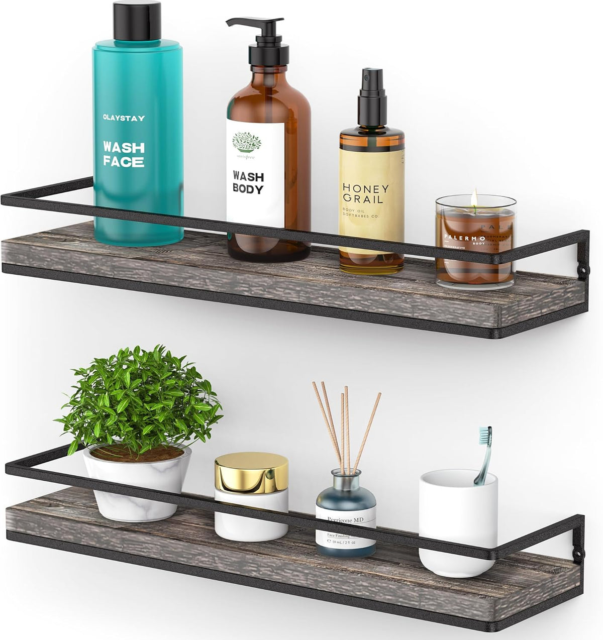 Meangood Floating Shelves Wall Mounted Set of 2, Rustic Wood Wall Storage Shelves for