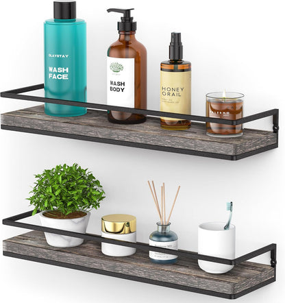 Meangood Floating Shelves Wall Mounted Set of 2, Rustic Wood Wall Storage Shelves for