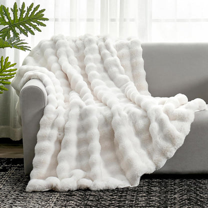 Cozy Bliss Faux Fur Throw Blanket for Couch, Fuzzy Soft Plush Thick Bubble Blanket for Sofa Bedroom