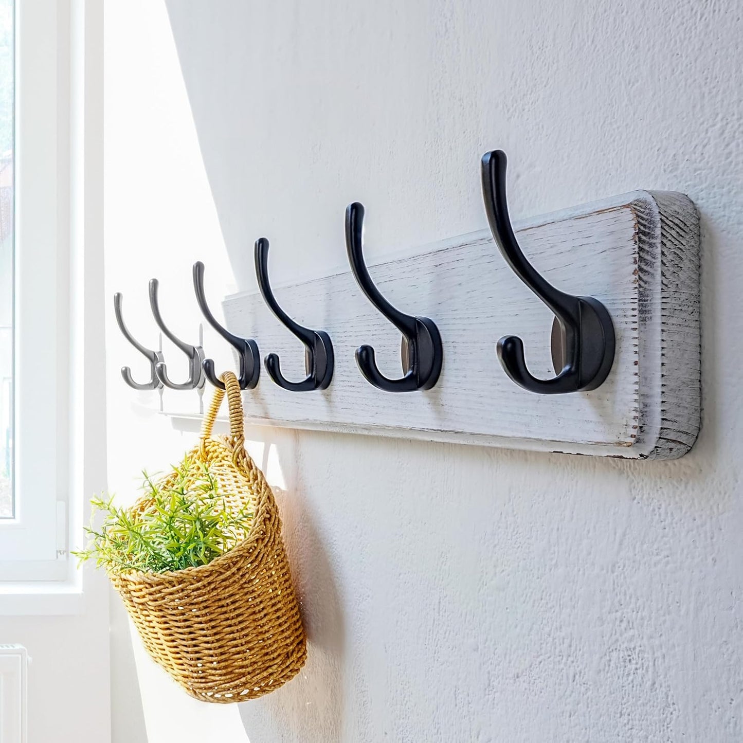 Dseap Wall Mounted Coat Rack: 24" Long, Patented, Heavy-Duty, 6-Double-Hooks Wooden Hanger Rail for