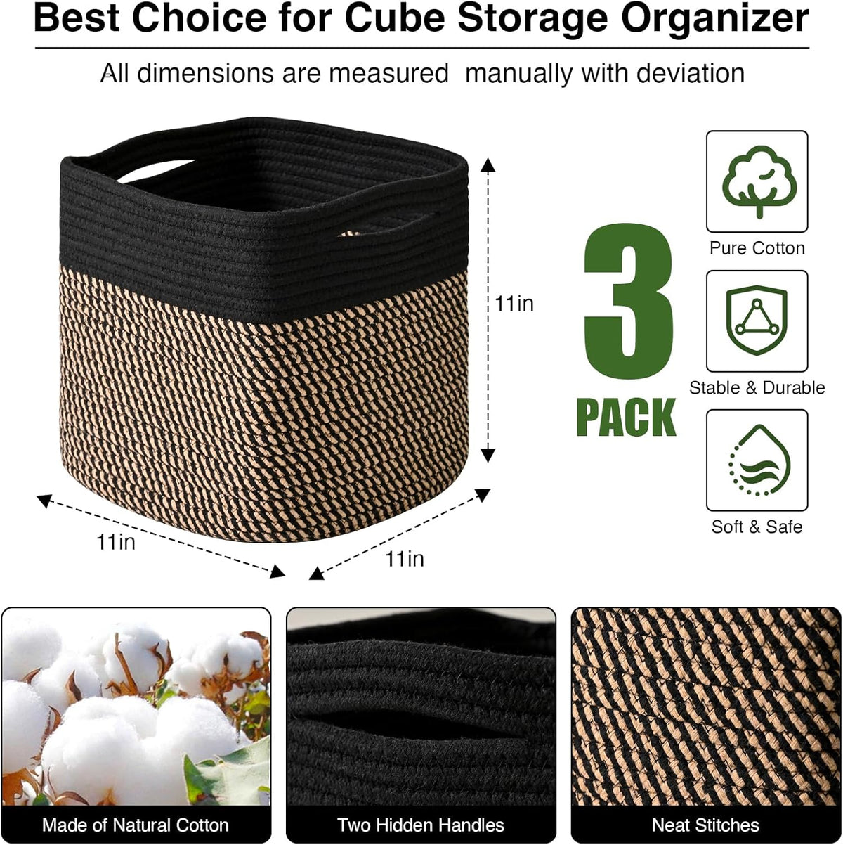 11 Inch Cube Storage Bins, Storage Cube Organizer Bins, Woven Cotton Rope Baskets for Storage