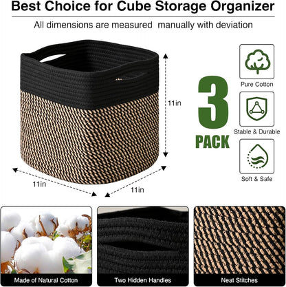 11 Inch Cube Storage Bins, Storage Cube Organizer Bins, Woven Cotton Rope Baskets for Storage