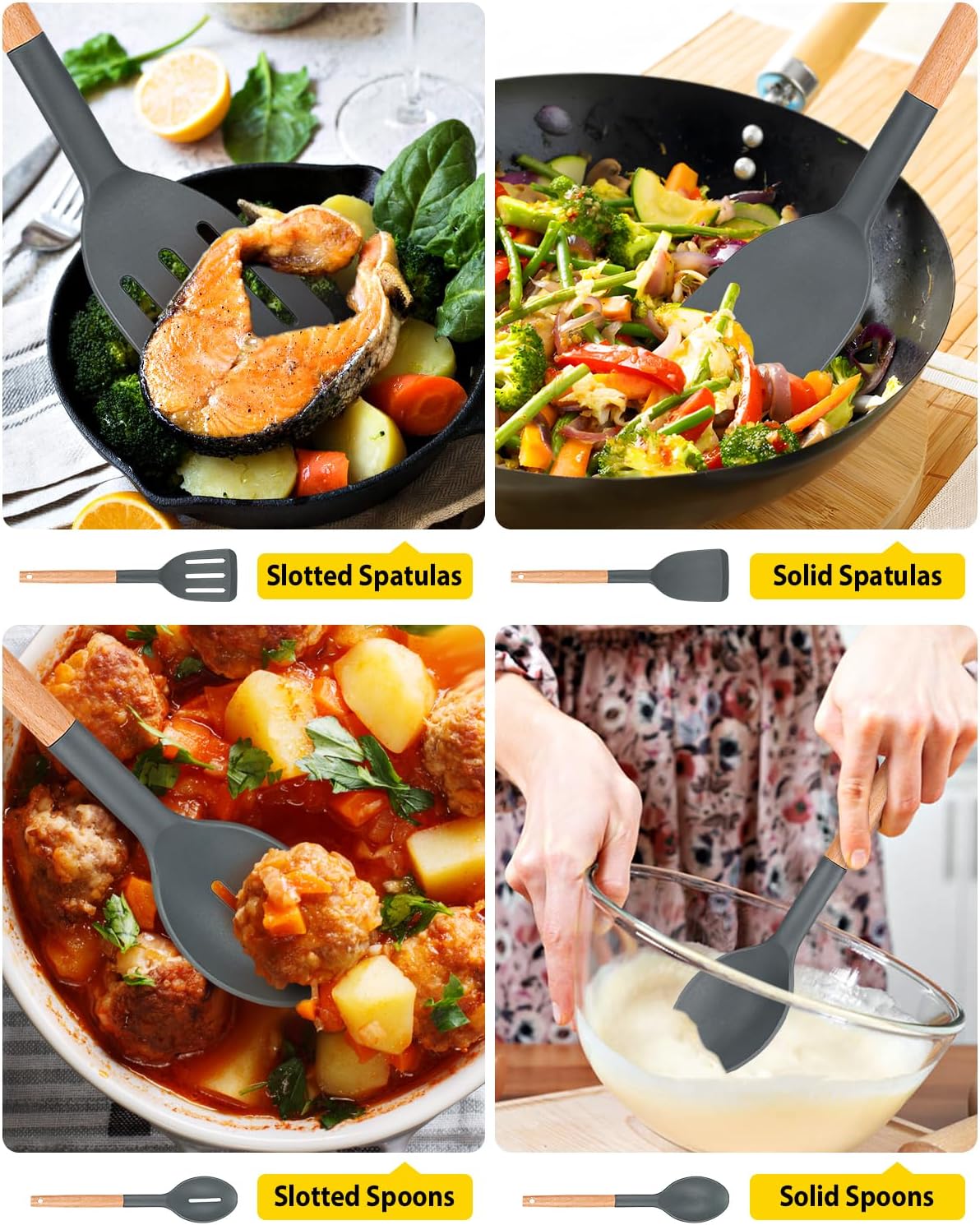 Pack of 4 Silicone Cooking Utensils Set, Non Stick Solid Spatulas and Heat Resistant Slotted Spoons
