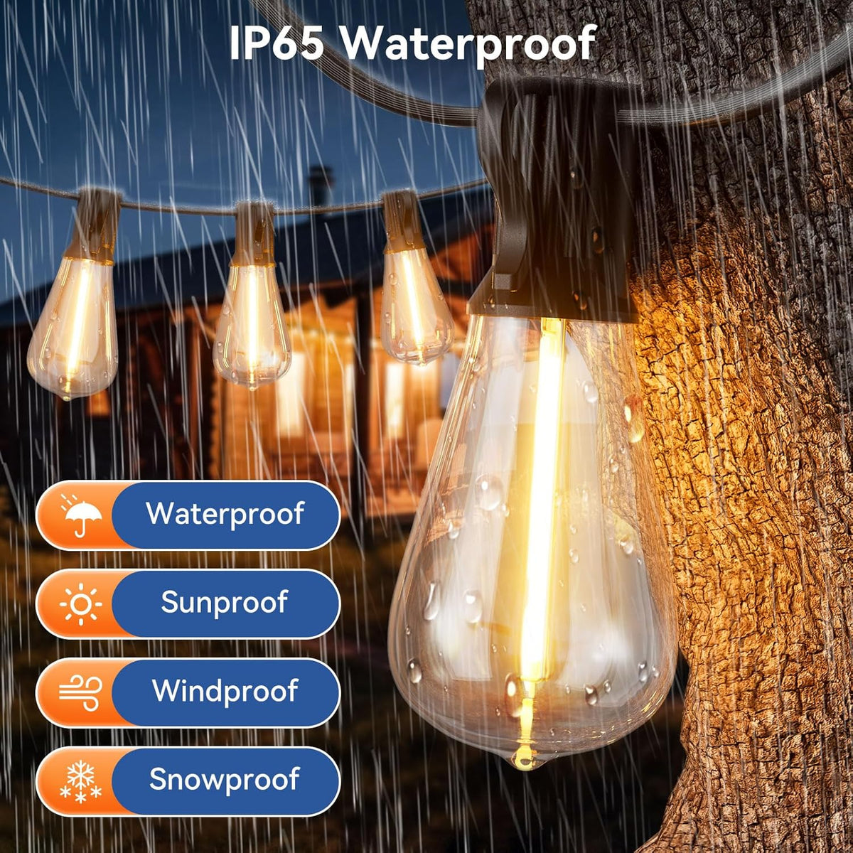 100 FT Outdoor String Lights for Outside, IP65 Waterproof ST38 LED Shatterproof Bulbs, Dimmable &