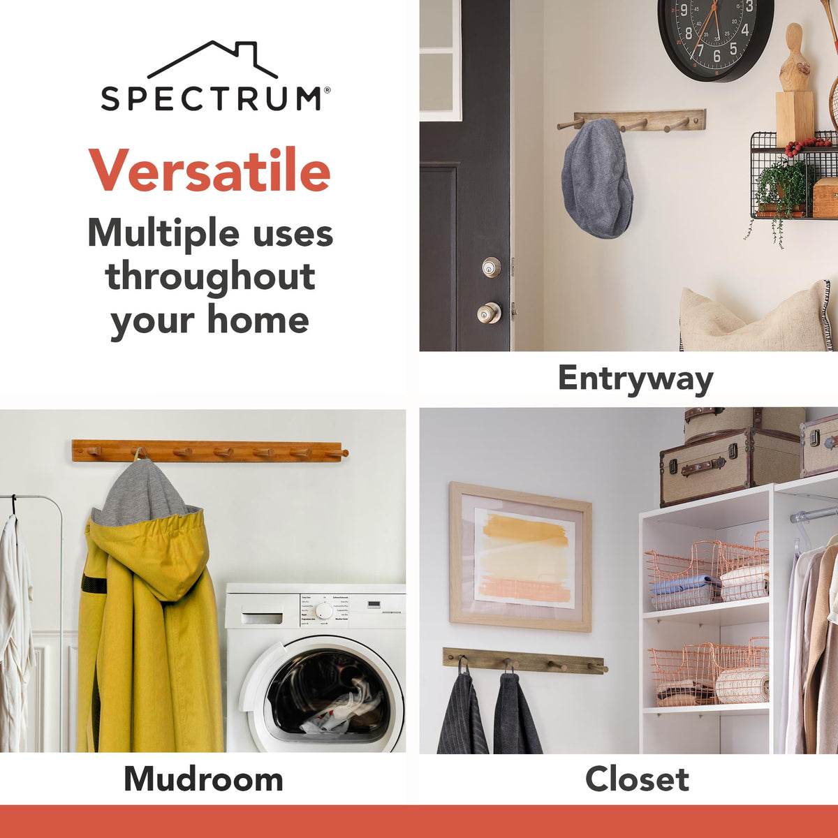 Spectrum 7 Peg Wall Mount Peg Rack Wooden Storage Organizer for Coats Hats Purses Towels, Includes