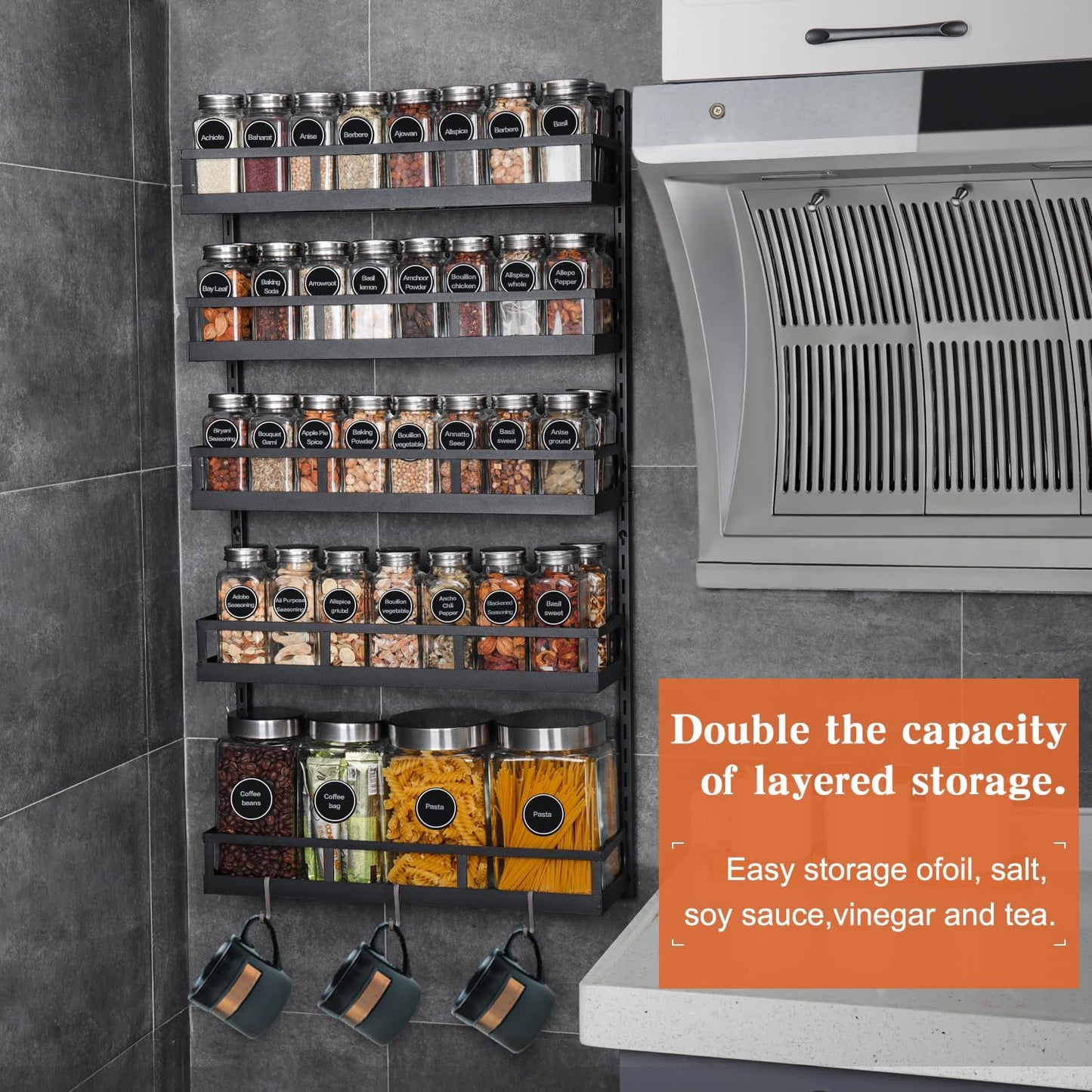 X-cosrack Wall Mount Spice Rack Organizer 5 Tier Height-Adjustable Hanging Spice Shelf Storage for