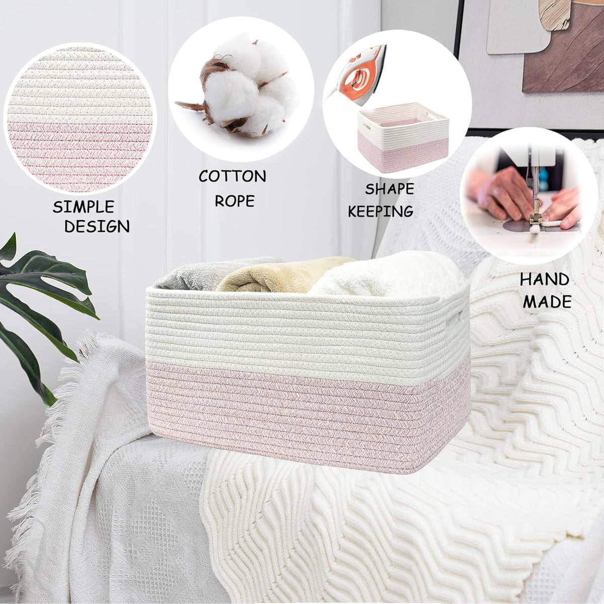 COMFY-HOMI Cotton Rope Woven Basket with Handles for Shelves,Toys,Book, Cloth Storage Baskets for