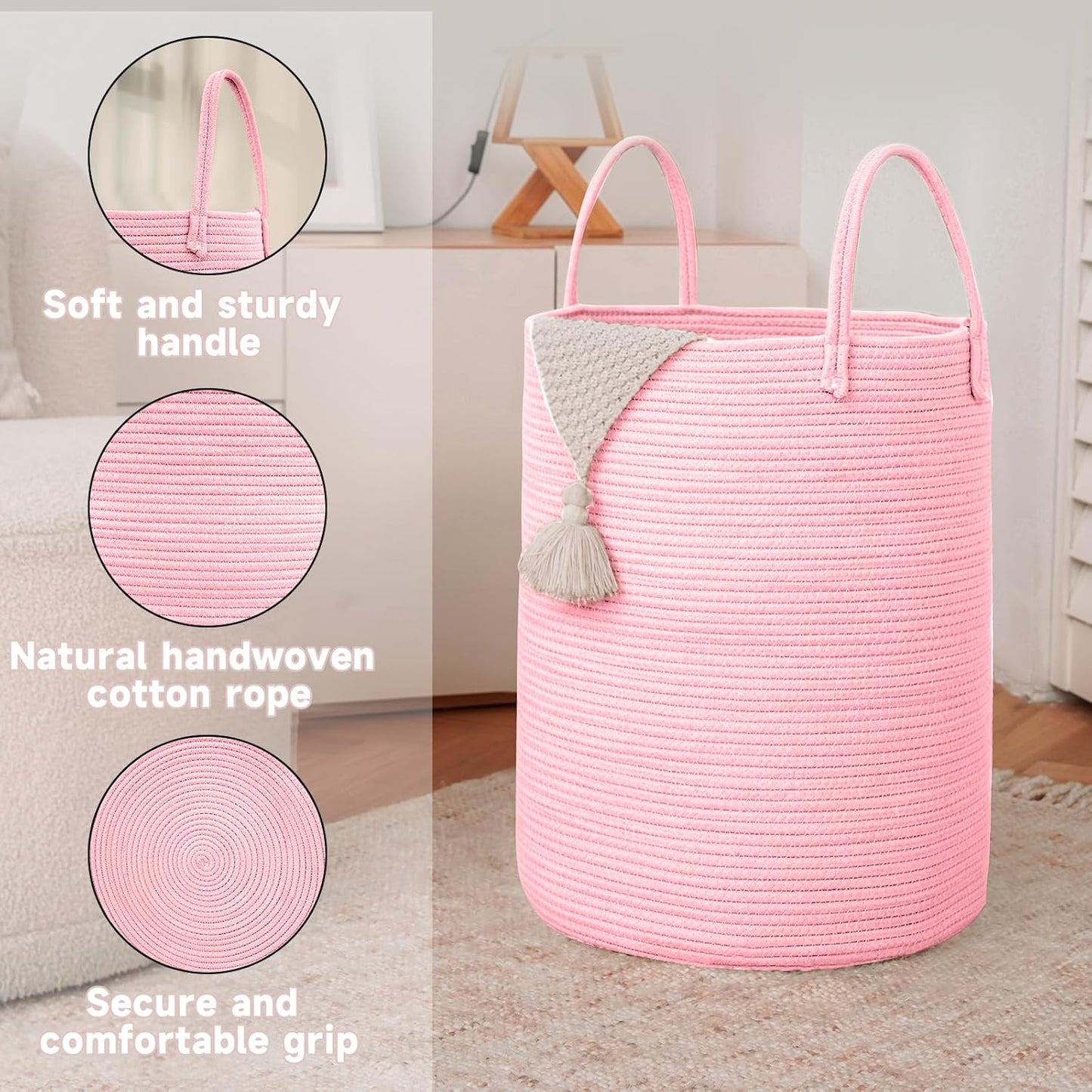 Large Woven Laundry Basket Hamper,80L Cotton Rope Storage Bin for Blankets,Toys and