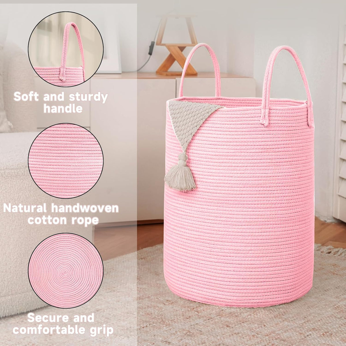 Large Woven Laundry Basket Hamper,100L Cotton Rope Storage Bin for Blankets,Toys and