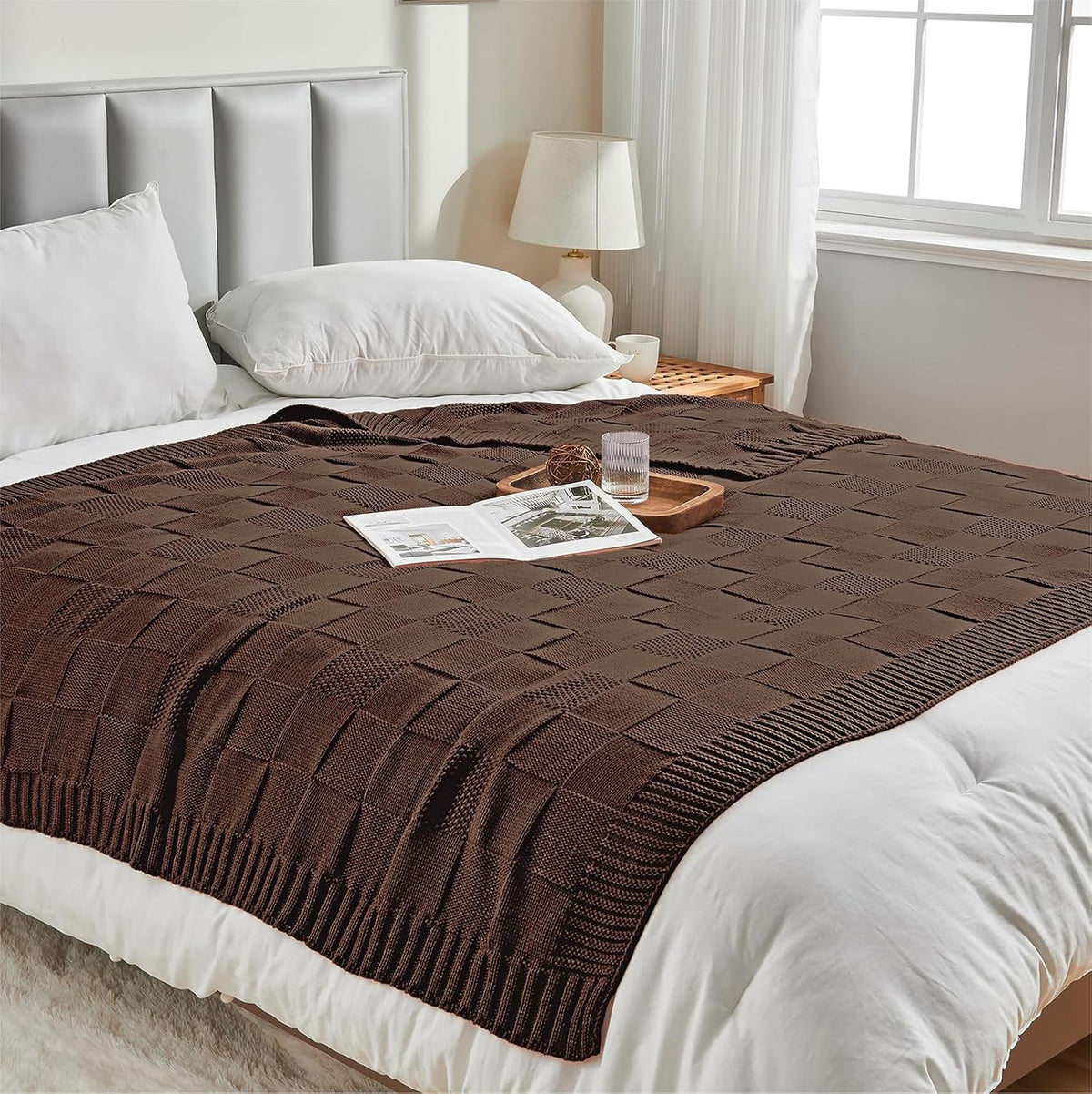 CozeCube Check Knit Throw Blanket, Dark Brown Checkered Throw for Couch, Decorative Christmas Soft