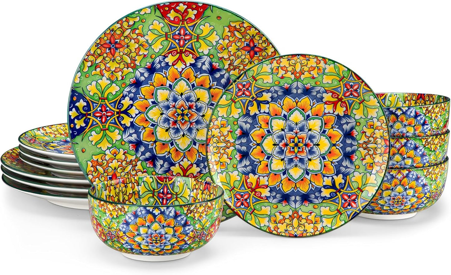 vancasso 12 Pieces Dinnerware Sets, Green Plates and Bowls Set, Porcelain Dishes Set for 4