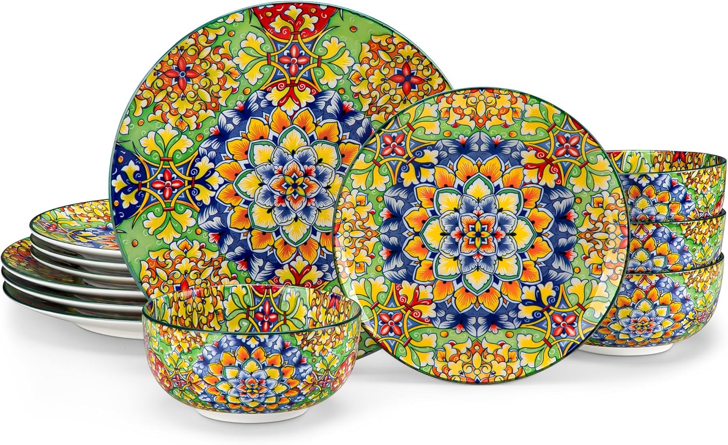 vancasso 12 Pieces Dinnerware Sets, Green Plates and Bowls Set, Porcelain Dishes Set for 4
