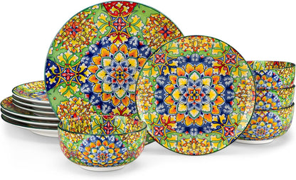 vancasso 12 Pieces Dinnerware Sets, Green Plates and Bowls Set, Porcelain Dishes Set for 4