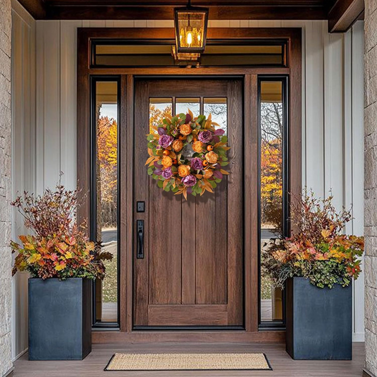 24 Inch Fall Wreath for Front Door - Autumn Wreath with Peony, Maple Leaves, Berries - Farmhouse