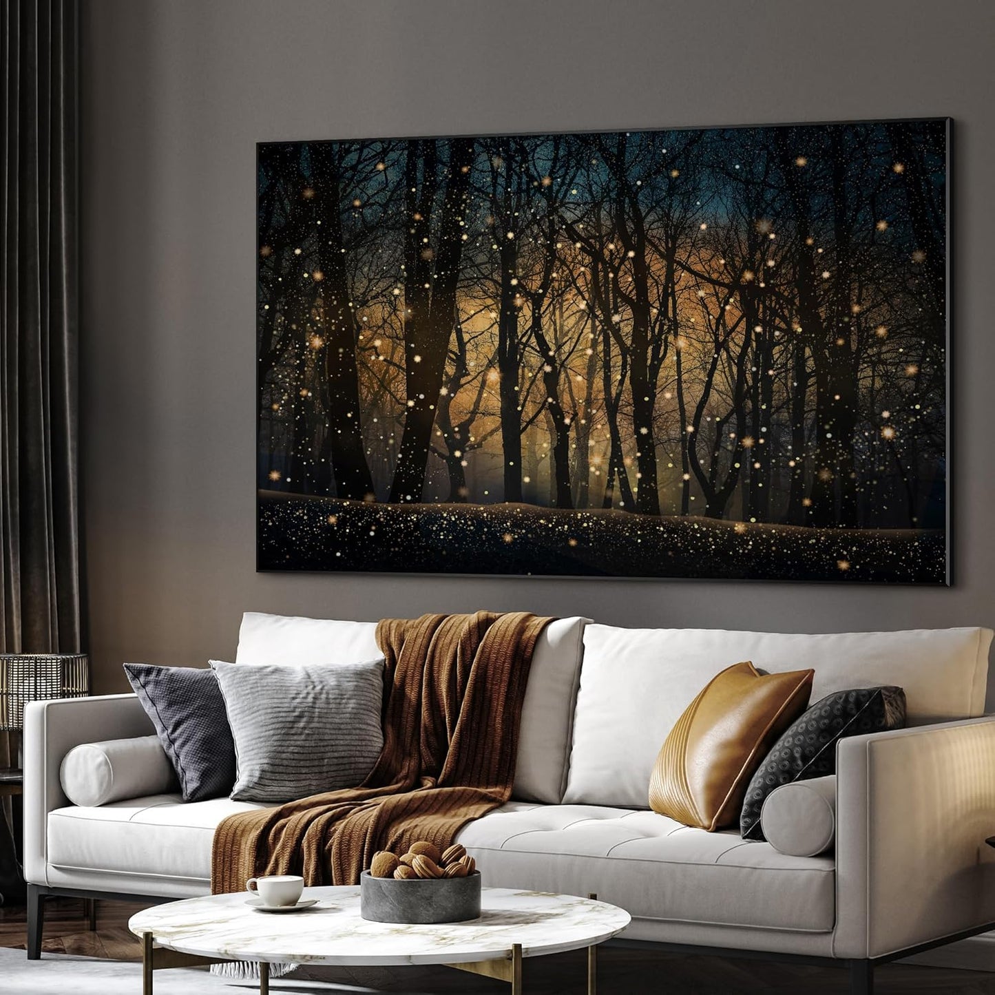 SIGNWIN 46"x72" Extra Large Framed Wall Art Magical Firefly Night Forest, Enchanted Woodland Scene