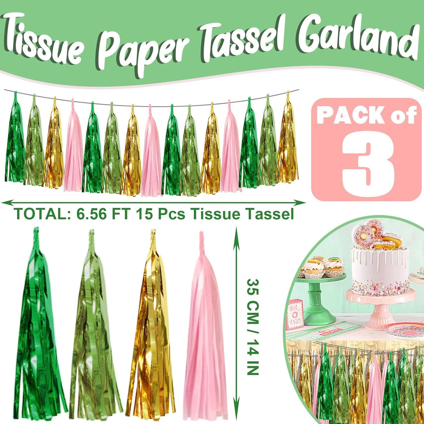 3P Sage-Green Pink-Gold Foil Fringe Metallic Tassel Garland, Tassels Banner Streamers for Parade