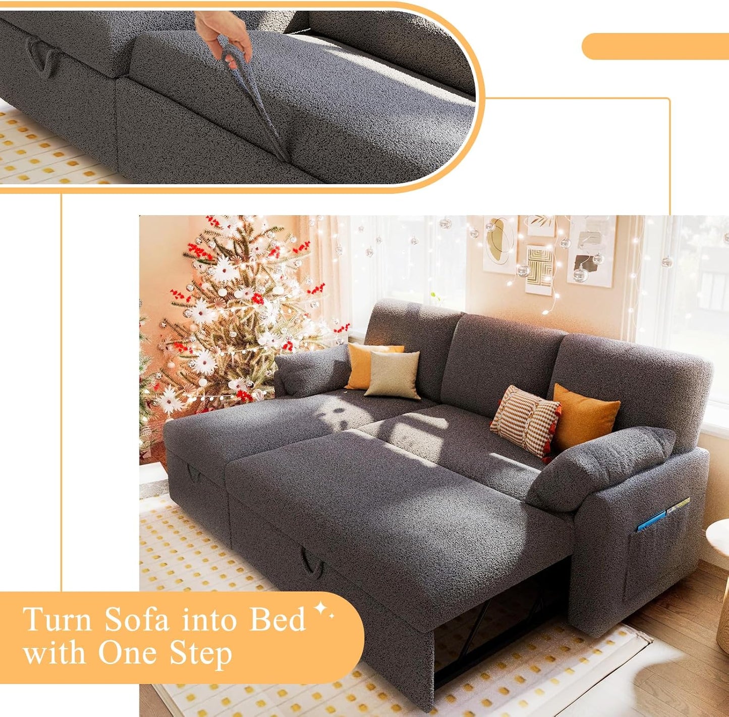 VanAcc Sofa Bed, Sleeper Sofa with Storage Chaise- 2 in 1 Pull Out Couch Living Room, Comfy Sleeper