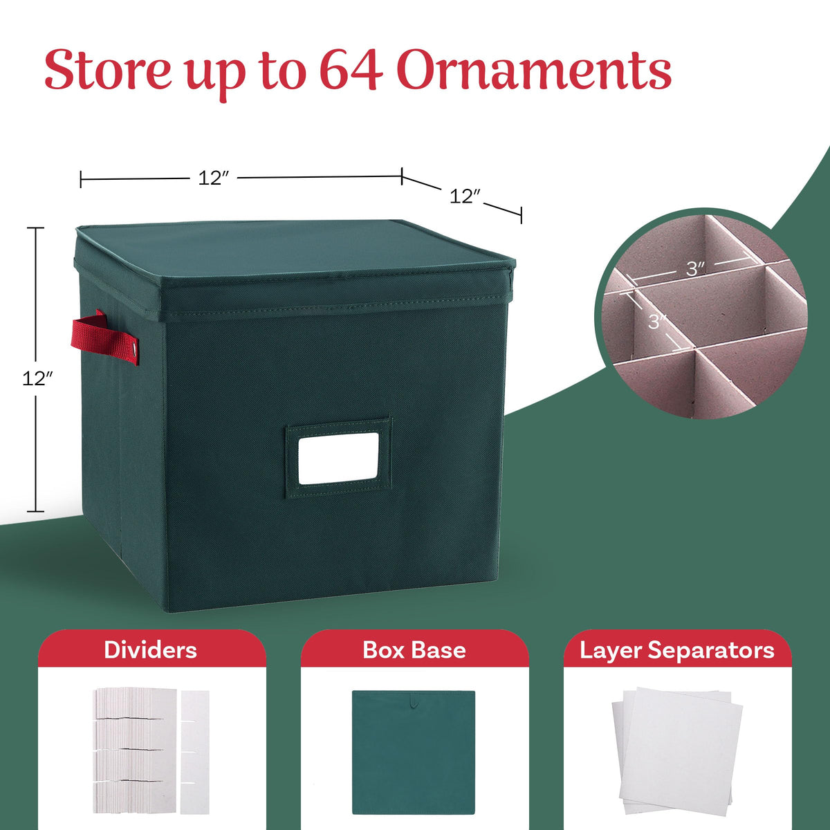 Storage Ornament Box - Holiday Organizer Cube with 64 Individual Compartments and Adjustable