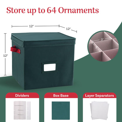 Storage Ornament Box - Holiday Organizer Cube with 64 Individual Compartments and Adjustable