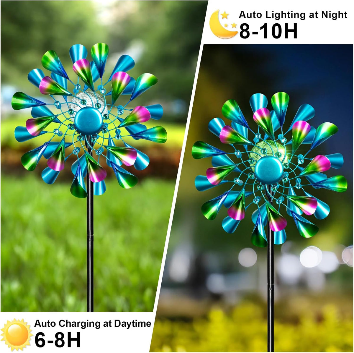 60'' Wind Spinner with Color Glass Ball Solar Lights, Green Peacock Feathers Metal Garden Outdoor